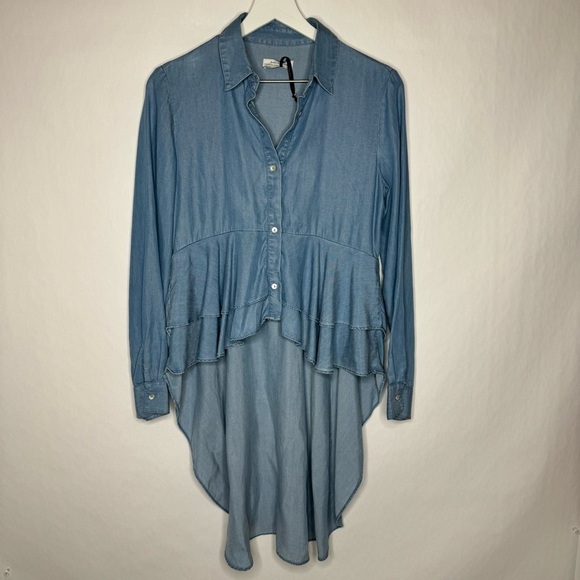Zara Blue Chambray Asymmetric Hi-low Button Front Peplum Long Sleeve Top - Picture 2 of 4